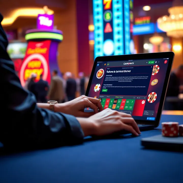 User interacting with an online casino platform on a laptop showing technical issue notification