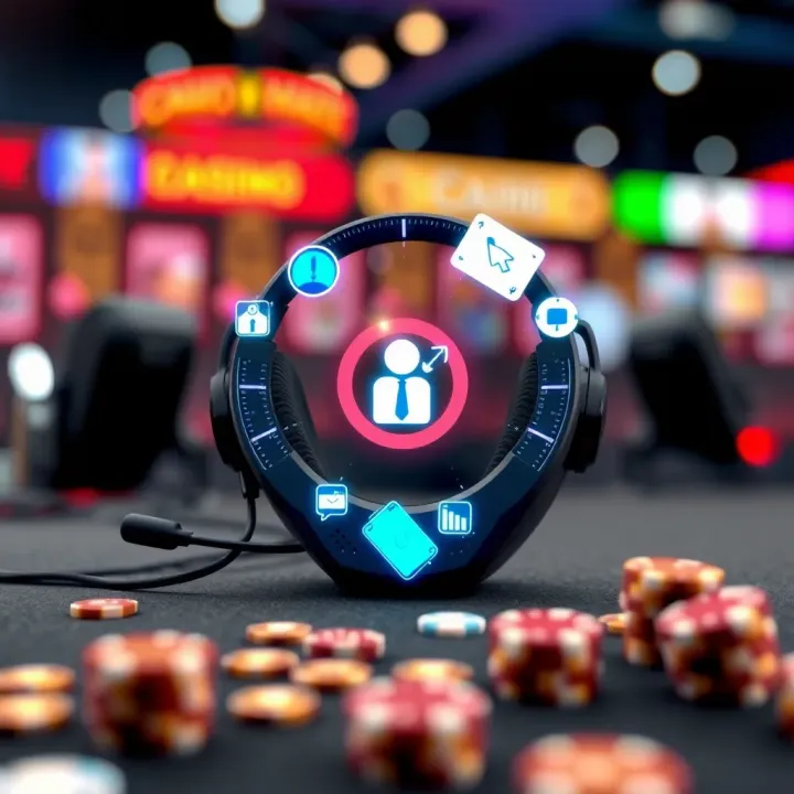 Customer support headset with digital icons representing communication and assistance
