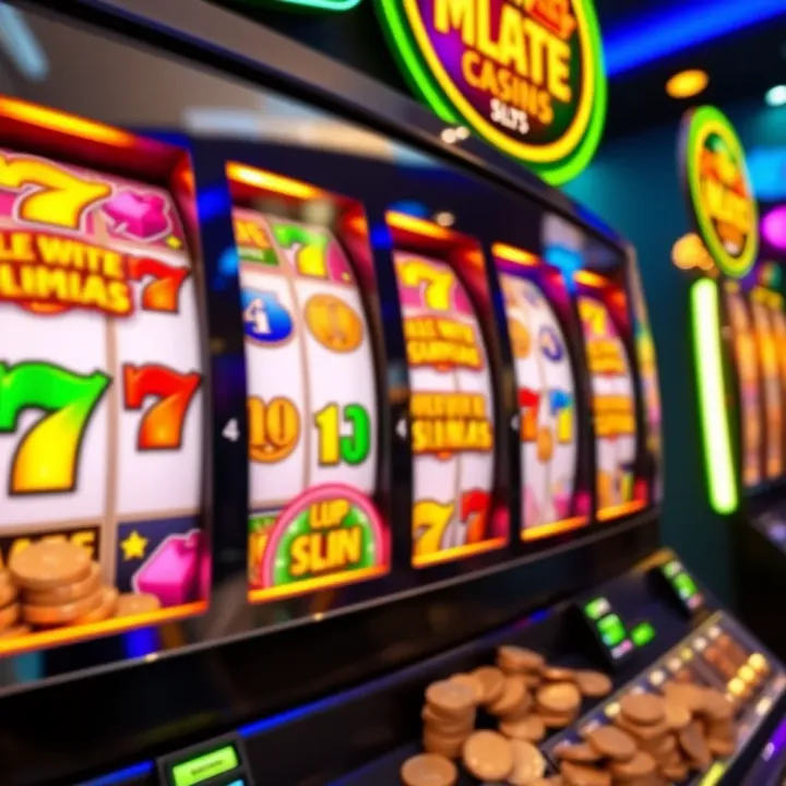 Brightly lit slot machine reels showing a winning jackpot combination with colorful symbols and coins overflowing