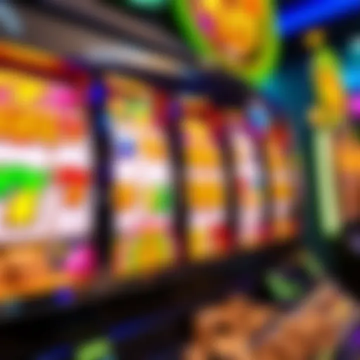 Brightly lit slot machine reels showing a winning jackpot combination with colorful symbols and coins overflowing