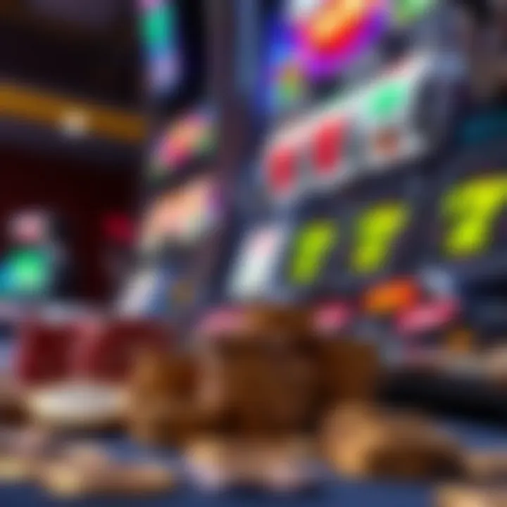 Bankroll management concept with coins and chips next to a slot machine interface