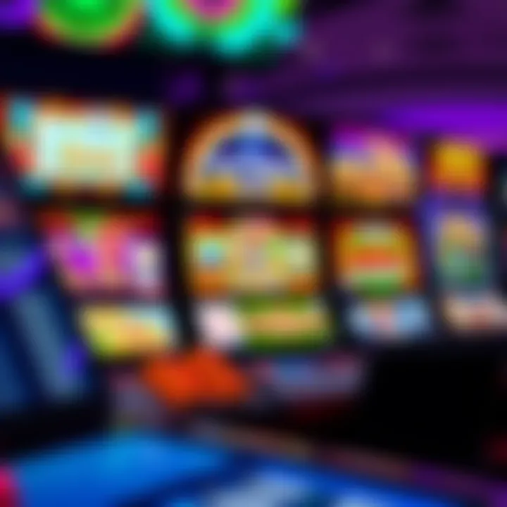Colorful online casino game interface displaying various slot and table games with vibrant graphics