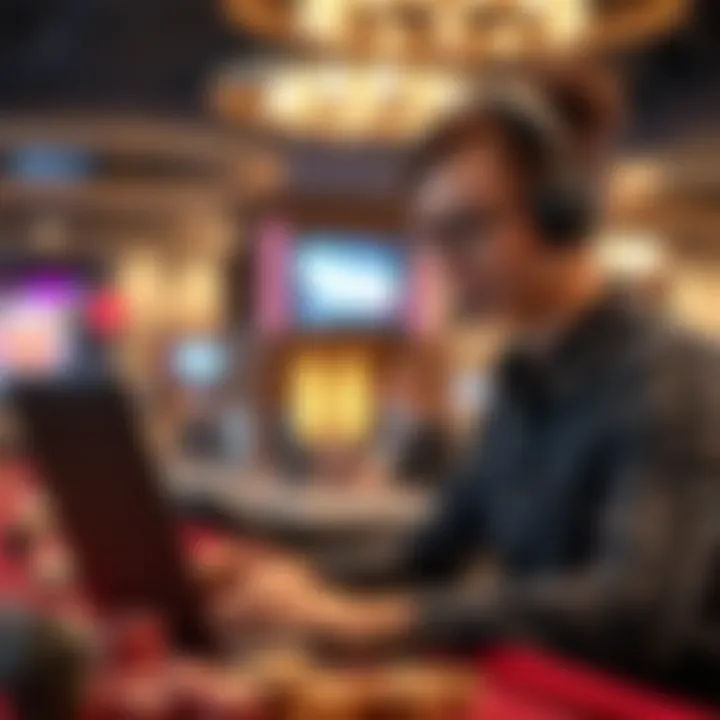 Customer support representative with headset assisting a player via laptop