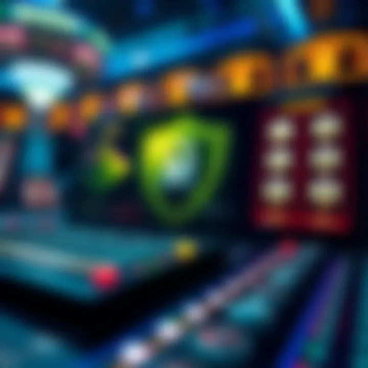 Illustration showing a secure online casino platform with digital shields and lottery symbols indicating fair play