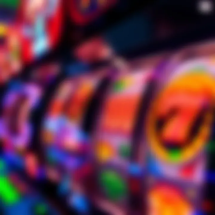 Close-up view of casino slot machine reels spinning with vibrant symbols