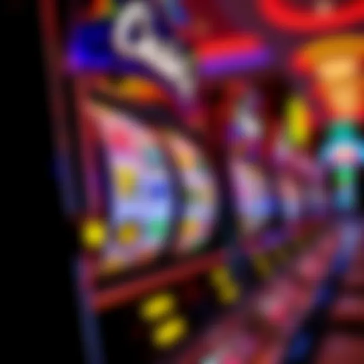 Colorful slot machine reels with bright symbols spinning against a casino background