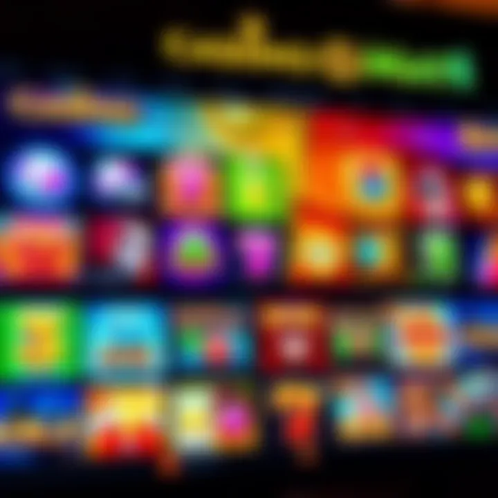 Colorful online casino interface showcasing a variety of slot games with vibrant icons and dynamic graphics