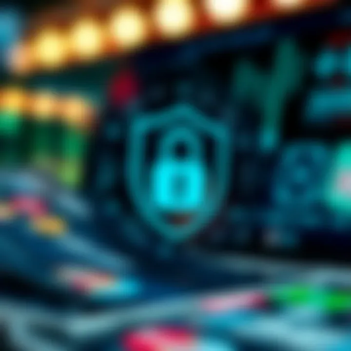 Abstract representation of secure online transactions with credit cards and digital security icons