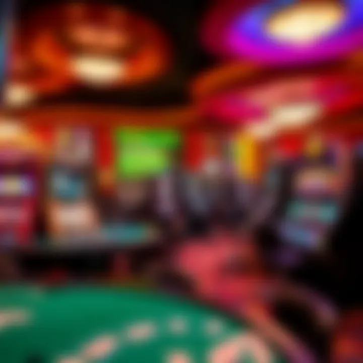 Assortment of casino games with vibrant slot machines and card tables