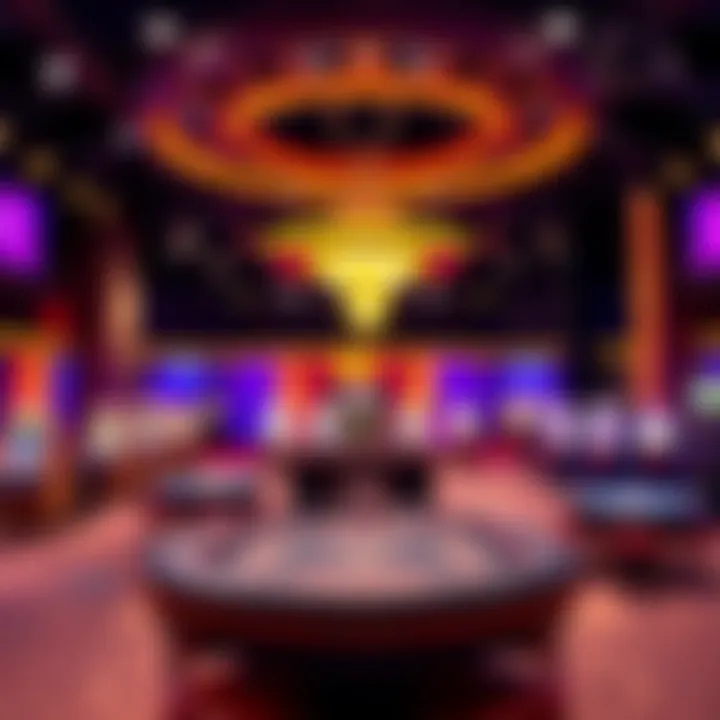 View of a lively casino show set featuring colorful gaming tables and bright lights