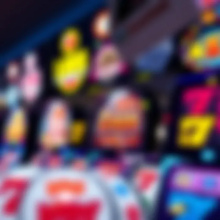 Colorful casino slot machine reels with various symbols and bright lights
