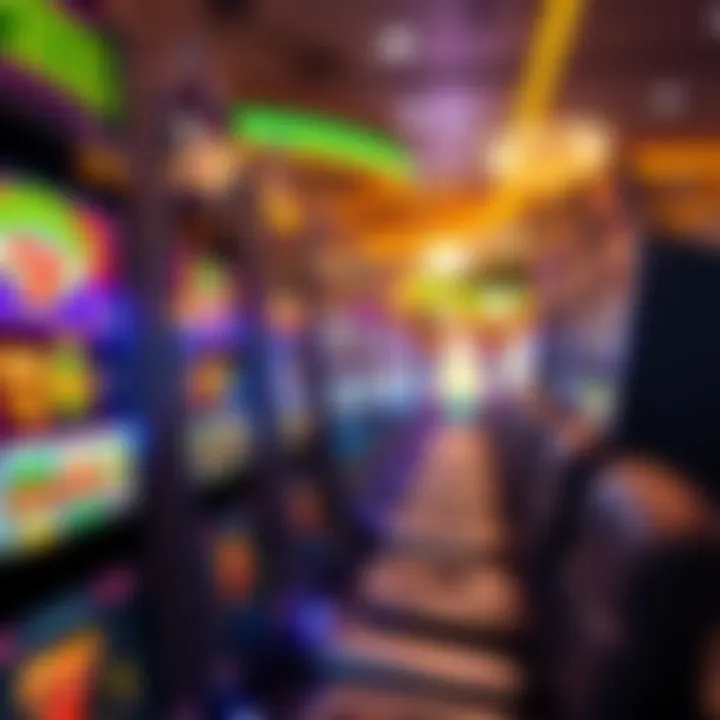 Colorful slot machine reels with various symbols and bright lights