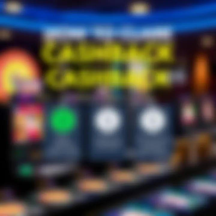 Graphic displaying steps to claim cashback with casino interface and dollar symbols