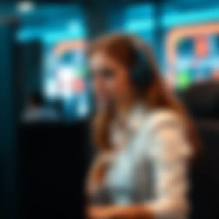 Customer service representative assisting a client via headset in a modern call center