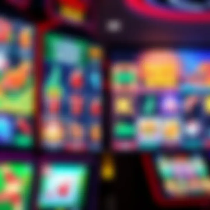 Colorful online pokies interface showing various game themes and symbols on a digital screen