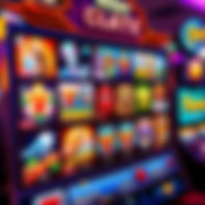 Colorful slot casino interface displaying various themed slot games with vibrant graphics and animated reels