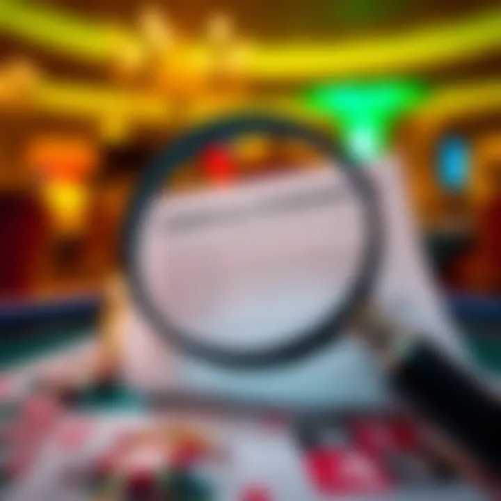 Illustration of a magnifying glass highlighting casino terms and conditions document