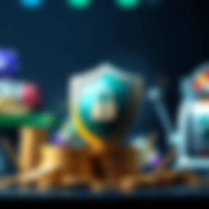 Conceptual graphic of secure online gaming with a shield icon, coins, and a slot machine symbolizing safe deposits and responsible play