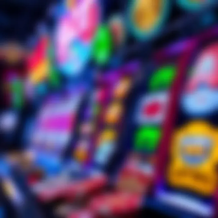 Colorful slot machine reels with various symbols and casino tokens