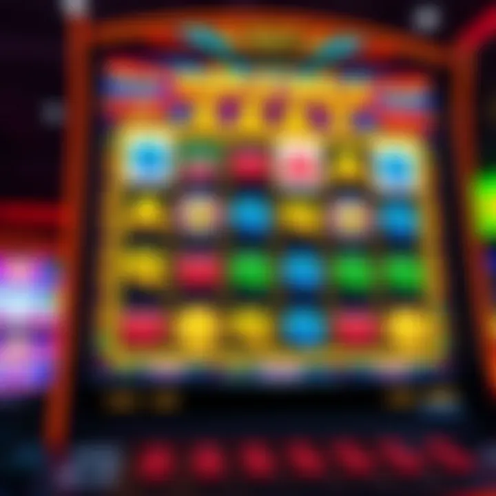 Colorful online slot game screen showing reels with various symbols and bonus features