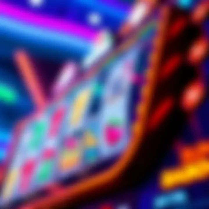 Colorful iBoom slot game interface showing reels with various symbols and vibrant background