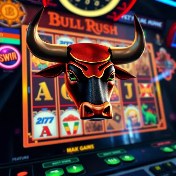 Interface showcasing Bull Rush slot machine RTP and bonus features