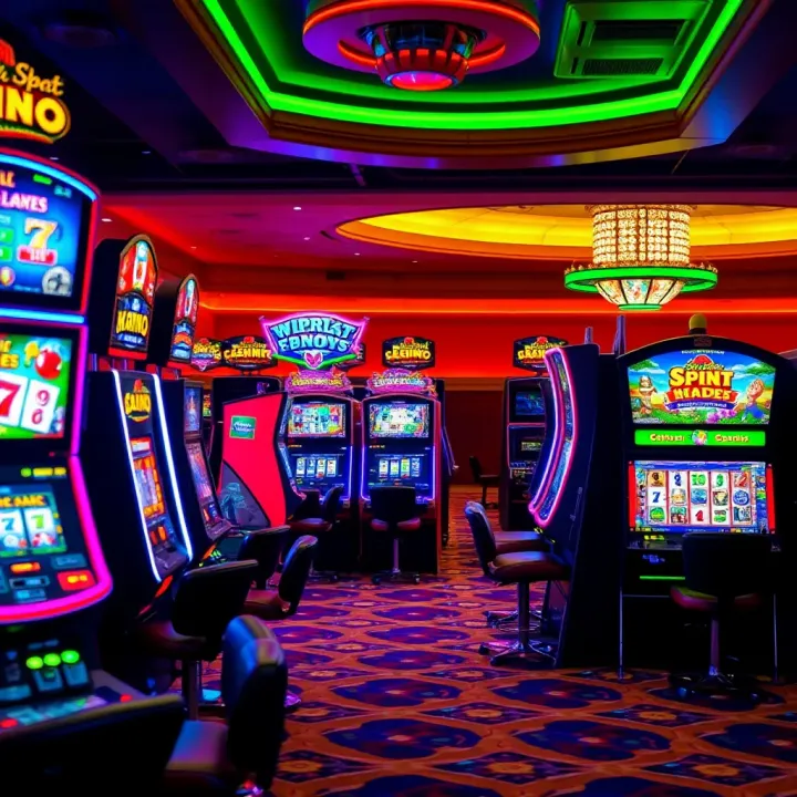 Colorful assortment of casino slot machines with vibrant lights and engaging themes