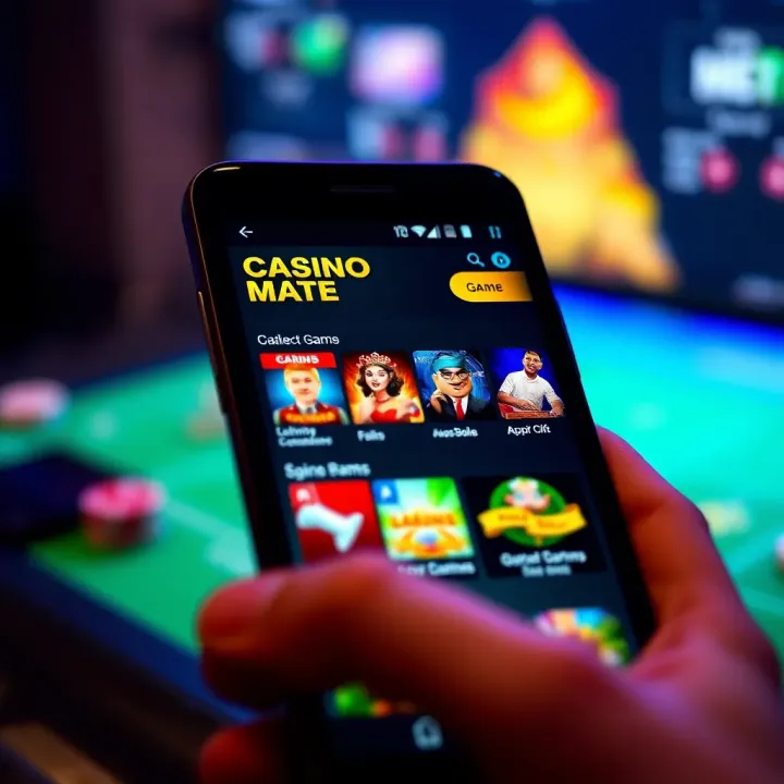 Mobile device displaying Casino-Mate app interface with a variety of casino games available
