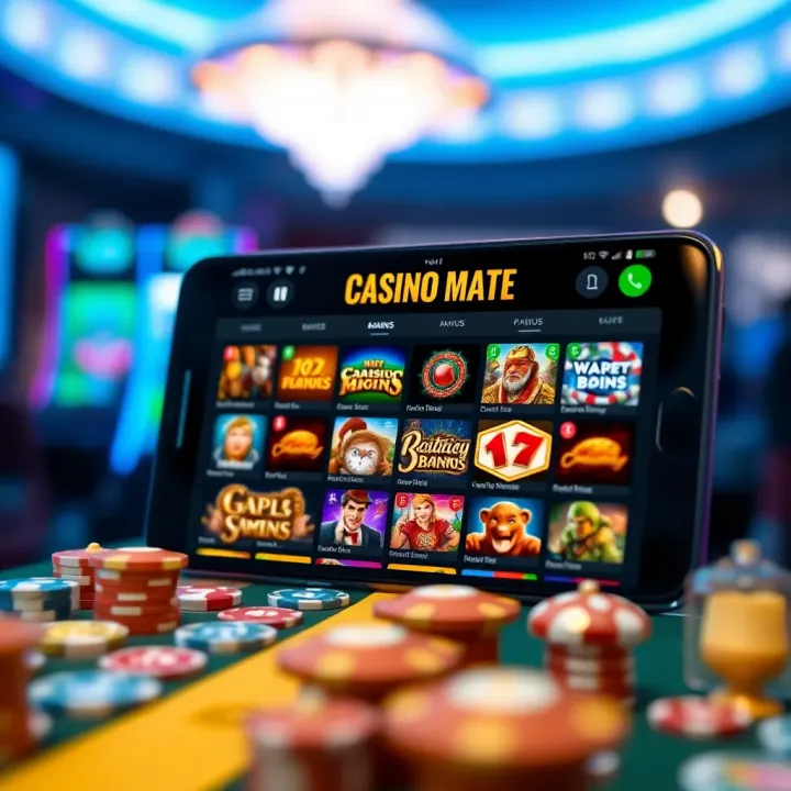 Mobile device showcasing the Casino Mate app's main gaming dashboard with various casino game icons