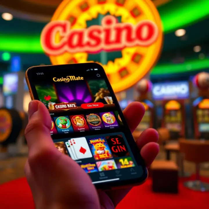 Mobile device displaying Casino Mate app interface with game selections visible