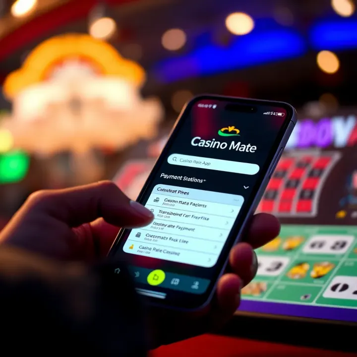 Mobile device displaying Casino Mate app with payment options highlighted for resolving transaction problems