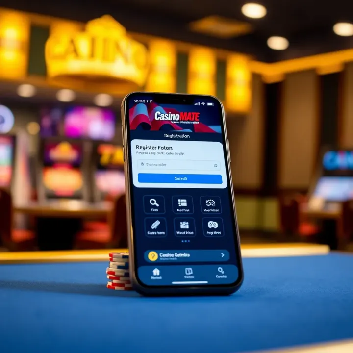 Mobile device showing the Casino-Mate app interface with registration form and security icons