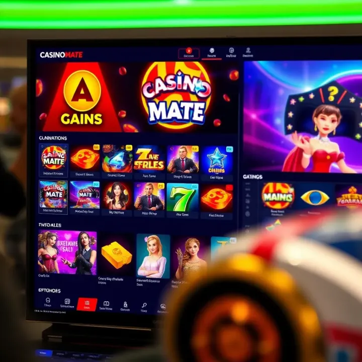 Casino Mate AUS platform displaying a variety of slot games and live dealer options on a vibrant interface