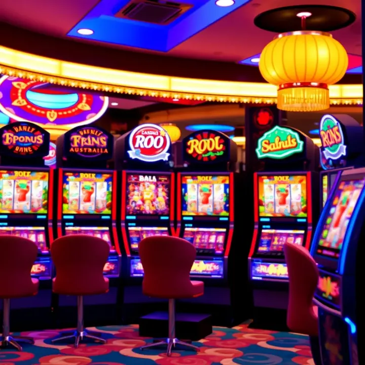Casino Mate Australia Roo Game Selection Showcase Colorful casino slot machines with bright digital displays and Australian theme
