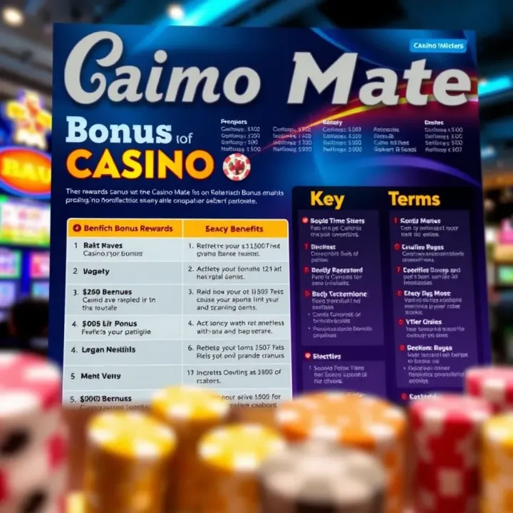 Overview of Casino Mate Bonus Offers and Key Terms Illustration of a casino bonus rewards overview showing benefits and terms