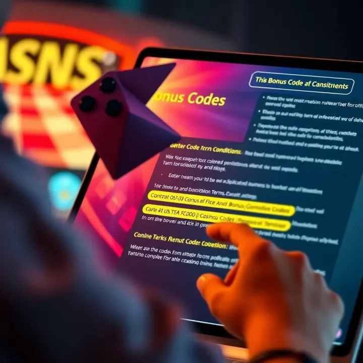 Graphic depicting a player entering a bonus code on an online casino platform with highlighted terms and conditions