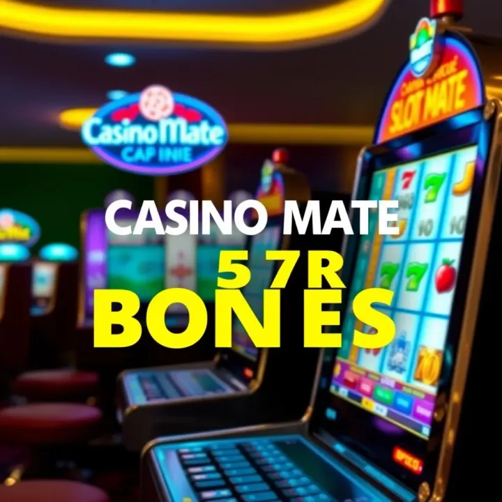 Slot Machine Promotion Featuring Casino Mate Bonus Codes Bright slot machine with promotional text highlighting special bonuses