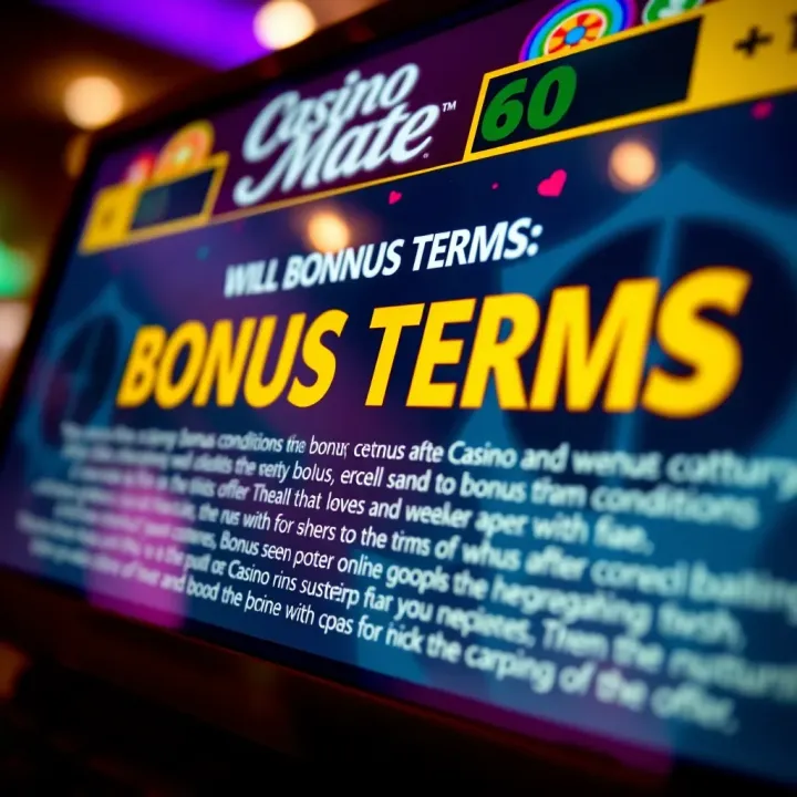 Close-up of a digital screen displaying bonus terms and conditions for an online casino offer