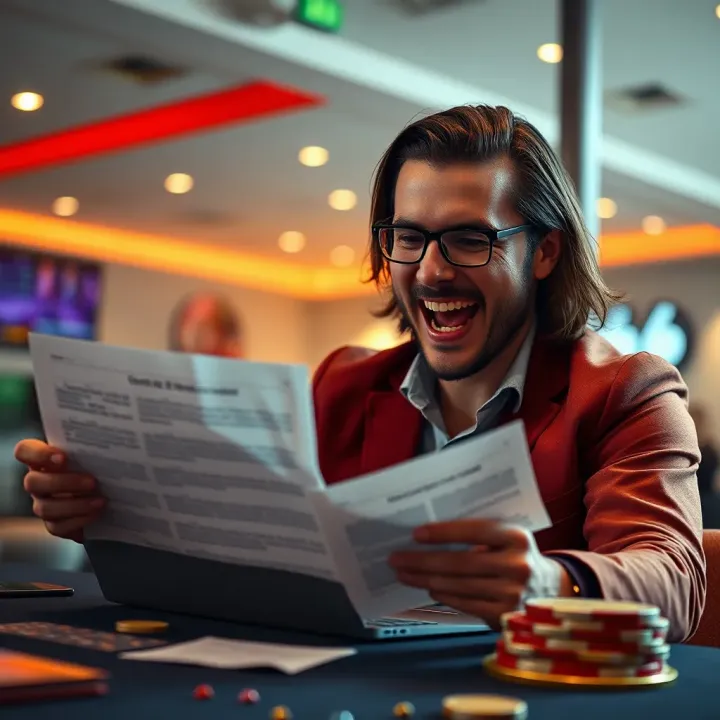 Excited player reviewing bonus terms and conditions on laptop