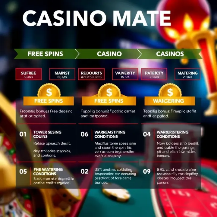 Graphic showing types of casino bonuses including free spins, deposit matches, and wagering conditions