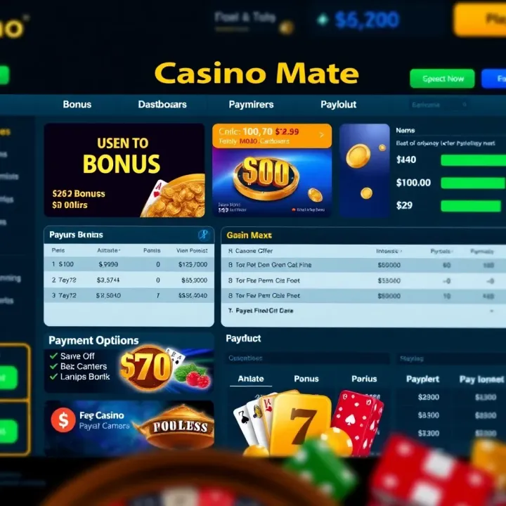 Casino Mate Bonuses and Payment Methods Overview User-friendly online casino dashboard displaying bonus offers, payment options, and payout summary