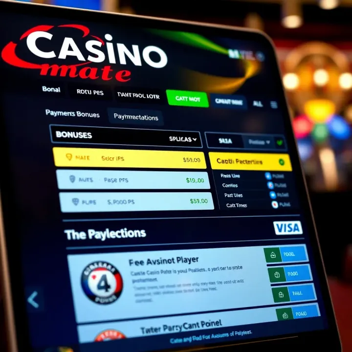Casino Mate Bonuses and Payment Methods for Australian Players Digital interface showing bonuses and payment options available on Casino Mate platform for Australian players