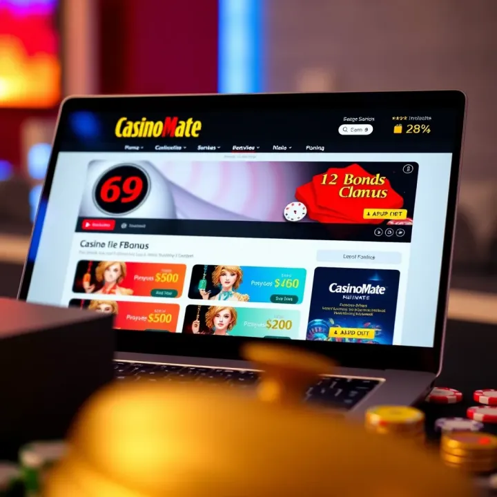 Laptop screen showing Casino Mate's user-friendly interface with visible bonus offers and payment options