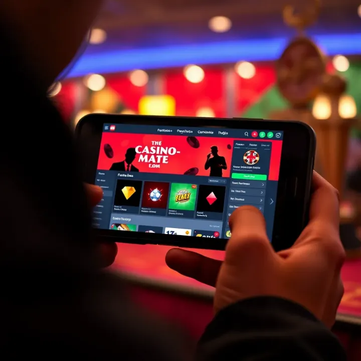Mobile device with Casino-Mate.com online casino platform highlighting user-friendly features and secure payment options