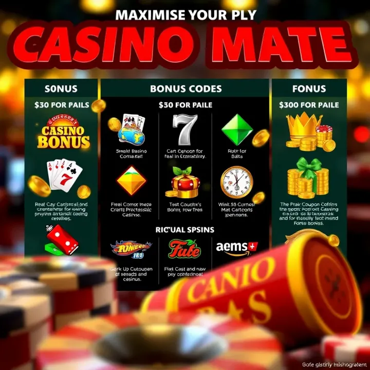 Graphic showing various casino bonus icons and coupon codes for online gaming promotions