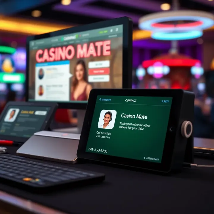 Various devices displaying Casino Mate customer service options including chat and email