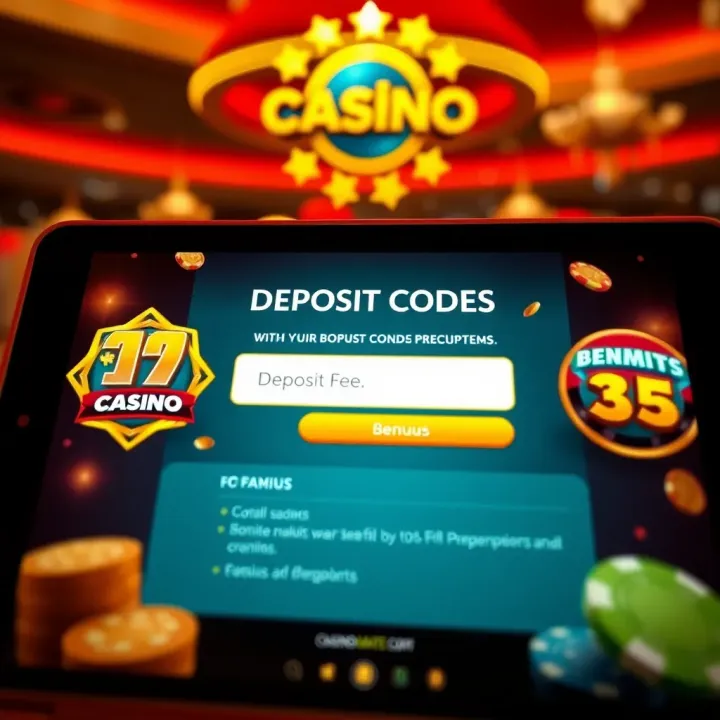 Illustration showing a digital casino interface with highlighted deposit code entry field and promotional bonuses