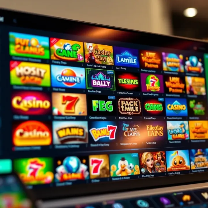 Various online casino game icons displayed on a digital screen representing game variety