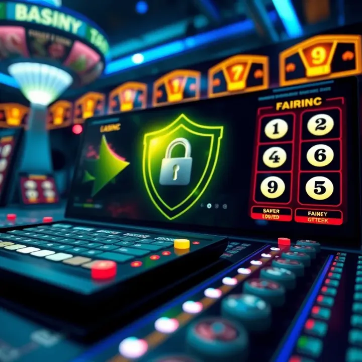 Illustration showing a secure online casino platform with digital shields and lottery symbols indicating fair play