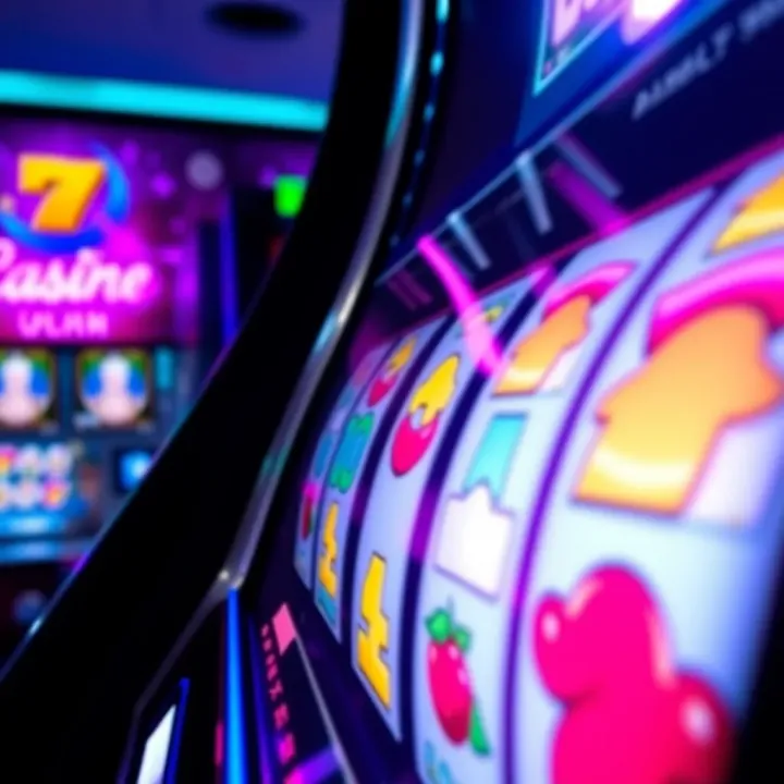 Bright digital slot machine screen showing spinning reels with colorful symbols